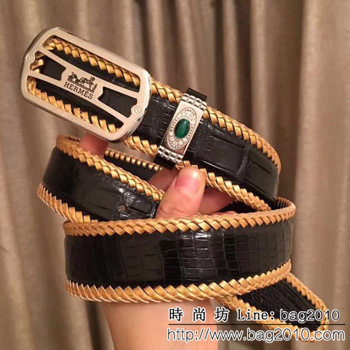 愛馬仕HERMES 純手工編織美洲鱷魚無拼接肚皮 高端男士皮帶 HHG1155